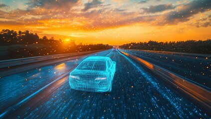 Wall Mural - Futuristic car driving on highway at sunset.