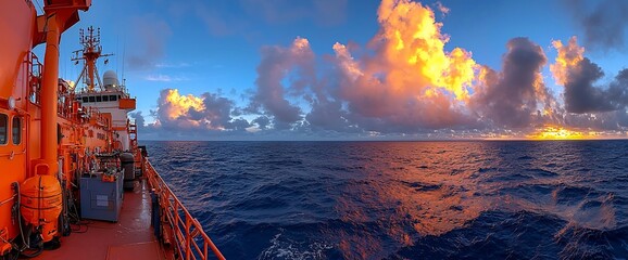 Wall Mural - Dramatic sunset over ocean from ship deck.