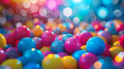 Wall Mural - colorful balls in a ball pit. the balls are blue, pink, and yellow. the background is a blurry mix o