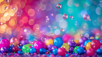 Wall Mural - colorful balls of various sizes are scattered on the ground against a blurred background of falling 