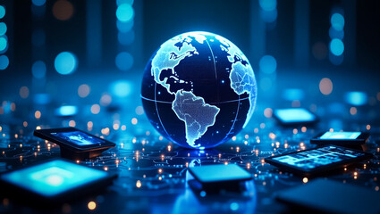 a blue high tech earth globe in a technology setting. communications concept.