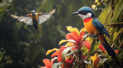 Wall Mural - An enchanting view of the Amazon jungle with minimal light filtering through the dense canopy, creating a dramatic and shadowy atmosphere. Vibrant, colorful birds like Hummingbirds flying about.