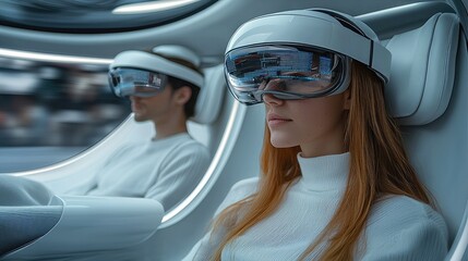 Poster - A futuristic, inside an autonomous vehicle with passengers wearing advanced VR glasses designed to reduce motion sickness. The VR glasses display a dynamic artificial horizon.