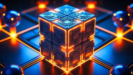 Wall Mural - an abstract futuristic, abstract technology 3d cubes structure, with intricate circuit patterns on t