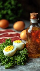 Poster - A bottle of apple cider vinegar, multiple eggs, green leafy salads are placed on a table along with red meat slices in a beautiful background.