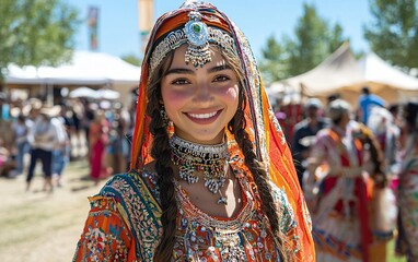 Smiling woman in vibrant traditional Indian attire at a cultural festival.