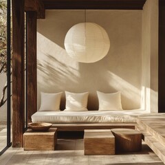 Wall Mural - Minimalist Zen Interior Design Featuring Wooden Furniture and a Paper Lantern