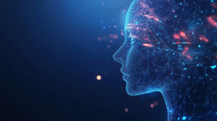 Abstract digital human head profile with glowing lines and data connections on a blue background
