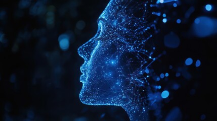 Abstract digital human head profile with glowing lines and data connections on a blue background