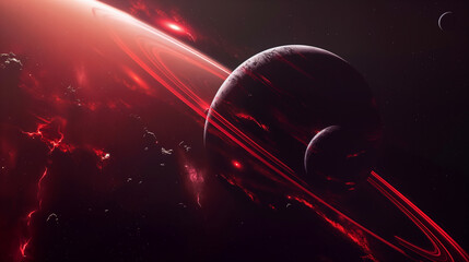 Wall Mural - cosmic landscape with rings around a planet and a glowing sun backdrop. generative ai