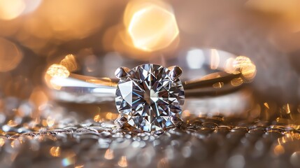 Wall Mural - Close-up of a beautiful diamond ring on a shiny golden surface. The ring is made of white gold and has a large, round diamond in the center.