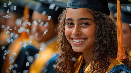 Wall Mural - A bright and cheerful graduation ceremony with a diverse group of young adults in caps and gowns, confetti in the air, and a sense of excitement.