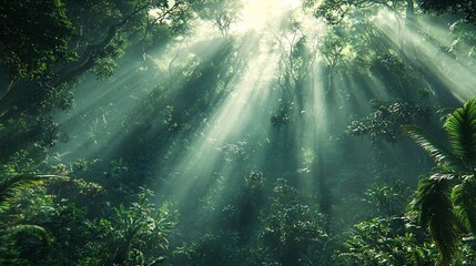 Sticker - Sunbeams piercing through lush green rainforest canopy.