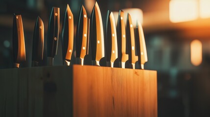 Kitchen Knives in a Wooden Block