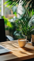 Wall Mural - A serene workspace featuring a cup of coffee and green plants. The perfect blend of nature and productivity. A warm ambiance for creativity and focus. Generative AI