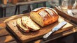 © Jane Kelly - Artisan bread loaf sliced on wooden cutting board in rustic cafe