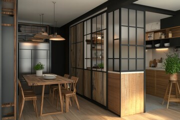 Wall Mural - Modern Rustic Kitchen Dining Area Design With Sliding Wood Panel