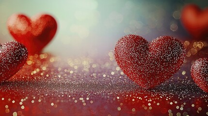 Fototapete - Red Background With Lots Of Small Golden Blurred Bokeh Effect Hearts.