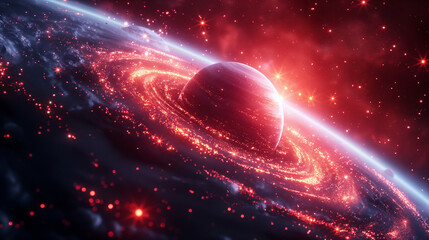 Wall Mural - cosmic landscape with rings around a planet and a glowing sun backdrop. generative ai
