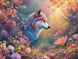 © Chanchai - Captivating artwork of a wolf with vibrant flowers and swirling leaves on a colorful watercolor backdrop, captivating, colorful