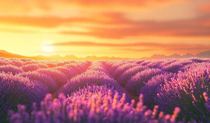 Wall Mural - vibrant sunset over a sprawling lavender field. (2)