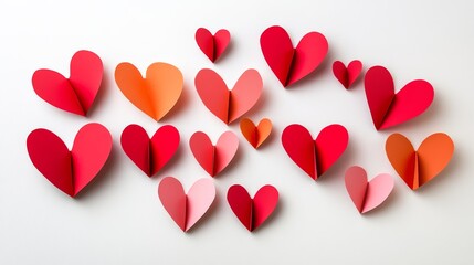 Wall Mural - Bunch of paper hearts are arranged in a row. The hearts are red and orange, and they are all cut out of paper. The arrangement of the hearts creates a sense of unity and love