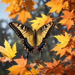 Wall Mural - A swallowtail butterfly perched on a bright orange maple leaf, colorful, wildlife