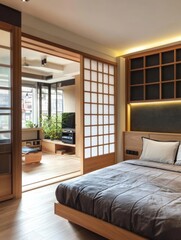 Wall Mural - Modern Bedroom Design With Shoji Screen And Wooden Accents