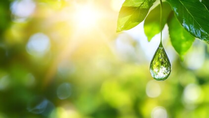 Wall Mural - water droplet hanging from a leaf in sunlight.