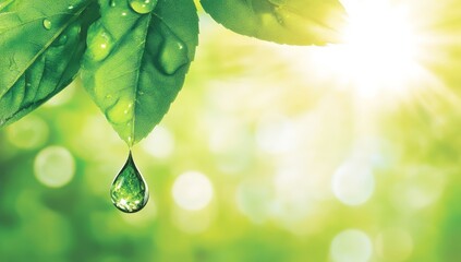 Canvas Print - Dewdrop hanging from a vibrant green leaf, backlit by sunlight. (1)