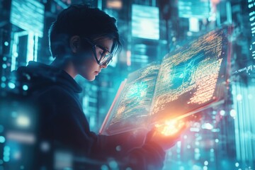 A young programmer engrossed in a futuristic book filled with glowing code, immersed in a digital world.