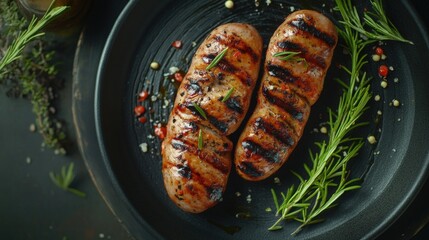 Wall Mural - Top view of grilled sausage on a black plate