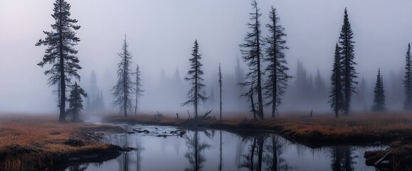 Wall Mural - Misty morning scene with tall pines reflected in calm water.