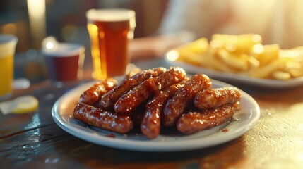 Wall Mural - A plate of fried sausage with fresh drink on wooden table