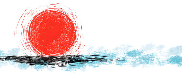 Illustrate a Japanese flag stamp with a red circle, using a hand-drawn, rough scribble texture. Apply a brush or marker stroke for a grunge, crayon effect in this modern design.