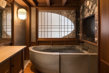 Wall Mural - Serene Stone Bathtub in a Modern Japanese Inspired Bathroom