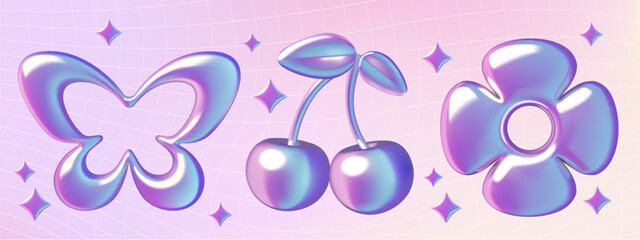 holographic y2k spring and summer emoji set. flower, butterfly, cherry and stars three dimensional m