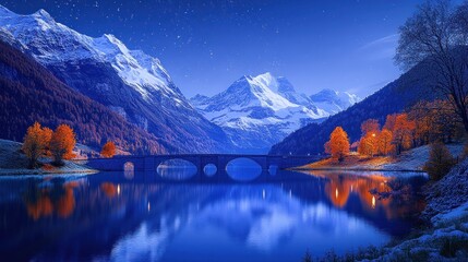 Alpine Bridge at Night, Autumn Colors, Snowy Peaks, Calm Lake