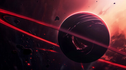 Wall Mural - cosmic landscape with rings around a planet and a glowing sun backdrop. generative ai