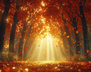 Wall Mural - Sunbeams illuminate autumn leaves falling in a forest.