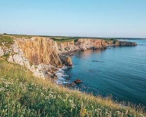 Wall Mural - Coastal cliffs, wildflowers, ocean, summer.