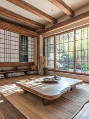 Wall Mural - Serene Japanese style room with wooden beams and large windows