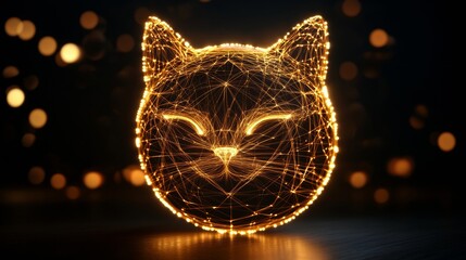 Wall Mural - 3D rendering of a cat-shaped shiny gold sphere made of thin wires with light and shadow on a black background