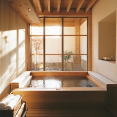 Wall Mural - Wooden bathtub in a sunlit minimalist bathroom