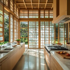 Wall Mural - Modern Kitchen With Expansive Wooden Windows And Island