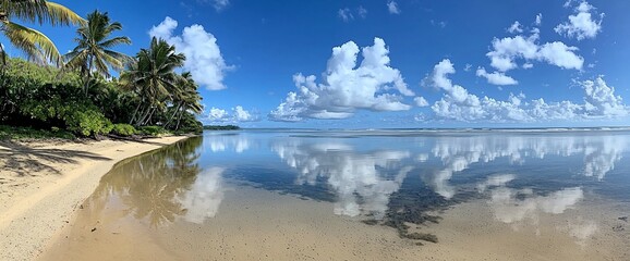 Sticker - Serene beach with palm trees and calm ocean reflecting clouds.