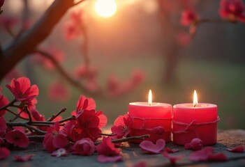 Aufkleber - Valentine's day love celebration in nature romantic candles and blossoms serene environment