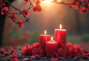 Aufkleber - Valentine's day love celebration in nature romantic candles and blossoms serene environment