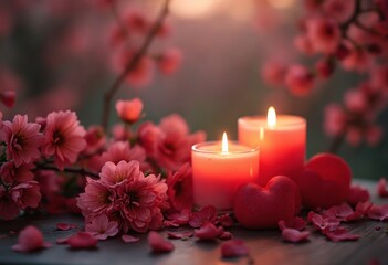 Aufkleber - Valentine's day love celebration in nature romantic candles and blossoms serene environment