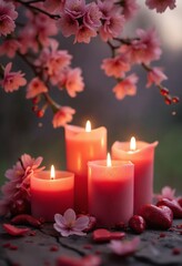 Aufkleber - Valentine's day love celebration in nature romantic candles and blossoms serene environment